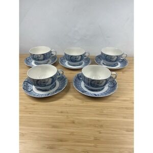Johnson Bros Mongolia Blue White Tea Cups & Saucers Set of 5 England